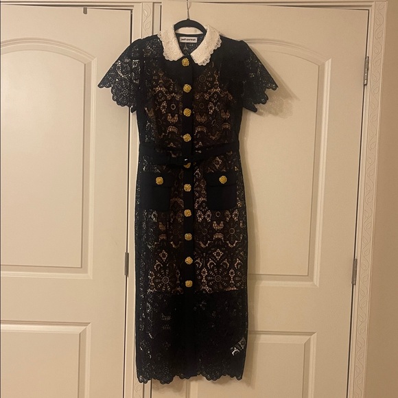 Self Portrait White Collar Navy Lace Midi Dress Size 8 - Picture 5 of 16